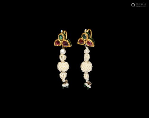 Indian Enamelled Gold Earrings with Pearls