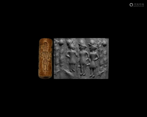 Cylinder Seal with Standing Figures Holding Staffs