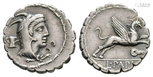 L Papius - Gryphon Denarius Serratus