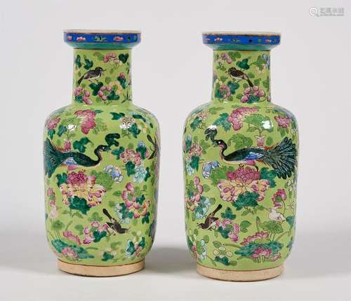 PAIR OF VASES of baluster shape with green backgro…