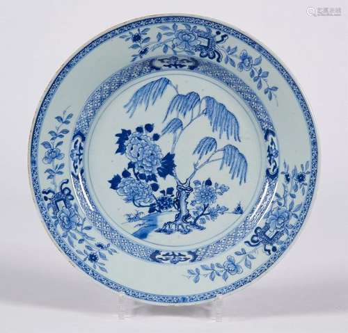 FLAT circular porcelain dish decorated in blue und…