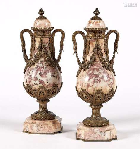 PAIR OF VASES covered in pink and white marble wit…