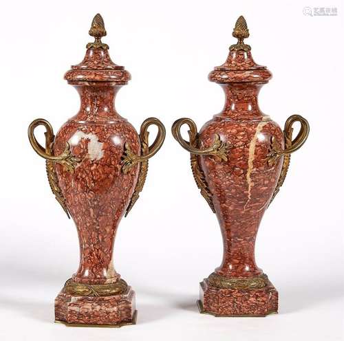 PAIR OF Louis XVI style CASSOLETTES in red marble …