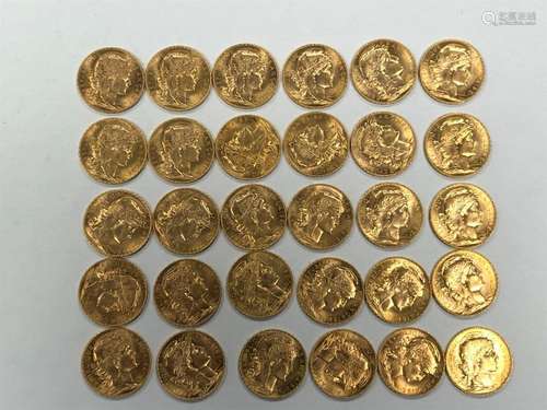 THIRTY PIECES of 20 gold francs, Coq de Chaplain I…