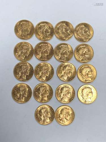 TEN EIGHT PIECES of 20 gold francs, Coq de Chaplai…