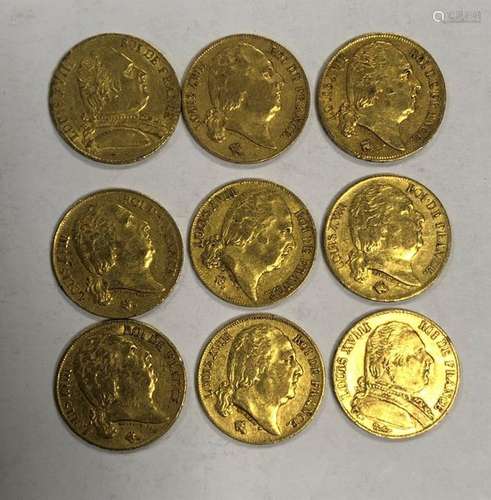 NINE PIECES of 20 gold francs, Louis XVIII, King o…