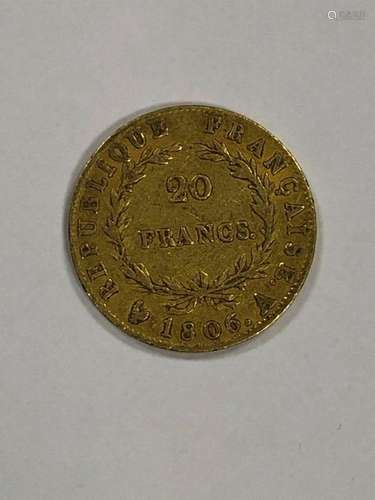 PIECE of 20 gold francs, NAPOLEON Ist Emperor bare…