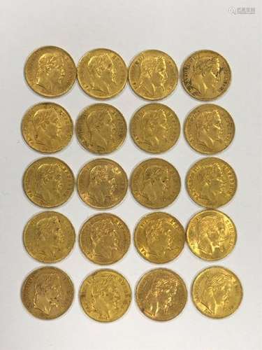 TWENTY PIECES of 20 gold francs, NAPOLEON III Empe…