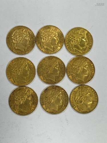 NINE PIECES of 20 gold francs, Ceres IIth Republic…