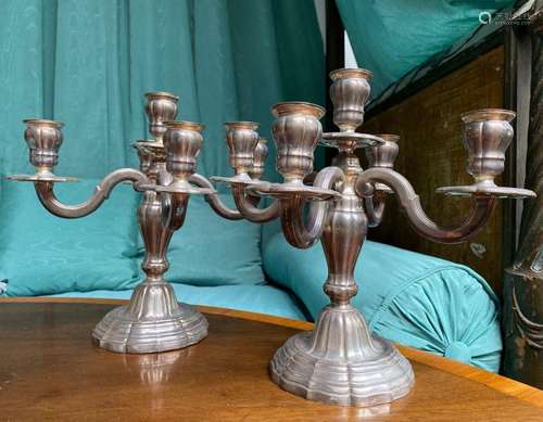 PAIR OF CANDELABRES, five pointed silver, Minerva …