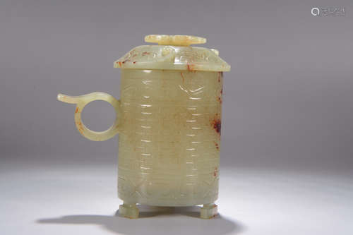 CHINESE CARVED GAOGU JADE CUP W/ COVER