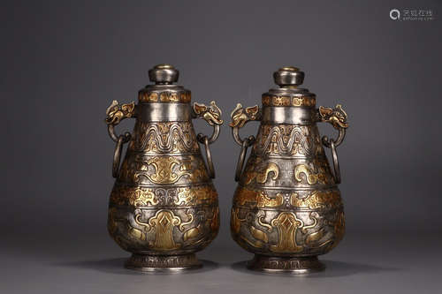 PAIR OF CHINESE SILVER GILT BRONZE ORNAMENT