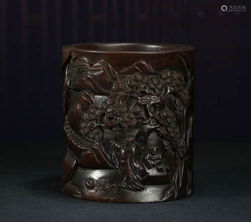 CHINESE CARVED ZITAN WOOD BRUSHPOT