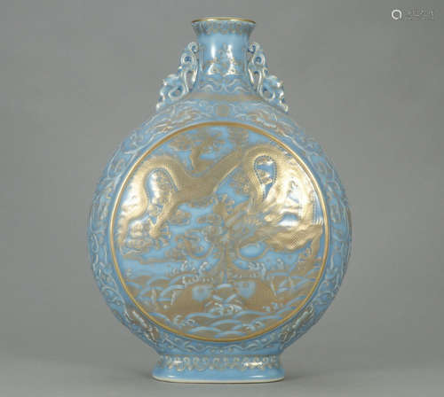 QIANLONG MARK, CHINESE SKY BLUE GLAZED MOONFLASK