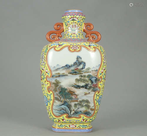 QIANLONG MARK, CHINESE YELLOW GROUND FAMILLE ROSE VASE