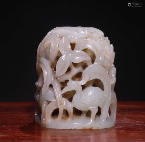 CHINESE CARVED HETIAN JADE CENSER W/ COVER