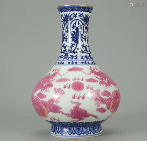 QIANLONG MARK, CHINESE BLUE & WHITE RED GLAZED DRAGON VASE