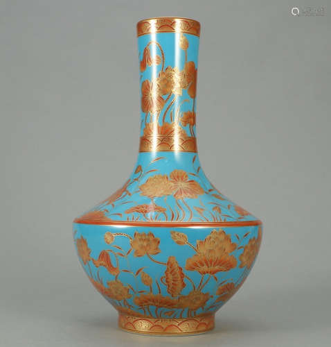 QIANLONG MARK, CHINESE BLUE GROUND GILT IRON-RED GLAZED VASE