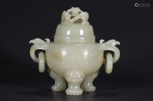 CHINESE CARVED HETIAN JADE CENSER W/ COVER