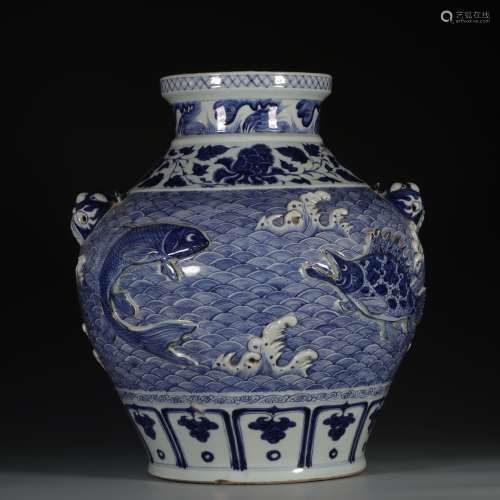 A YUAN DYNASTY BLUE AND WHITE SEA POT WITH ANIMAL EARS