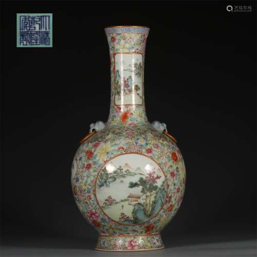 A QING DYNASTY QIANLONG STYLE FAMILLE ROSE PORCELAIN BOTTLE WITH FLOWER WINDOW LANDSCAPE CHARACTER STORY