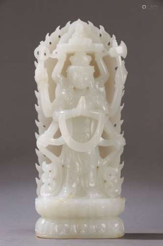 A QING DYNASTY HETIAN JADE CARVING EIGHT ARMS GUANYIN