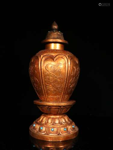 A LIAO DYNASTY BRONZE GILT COVERED JAR WITH LADIES