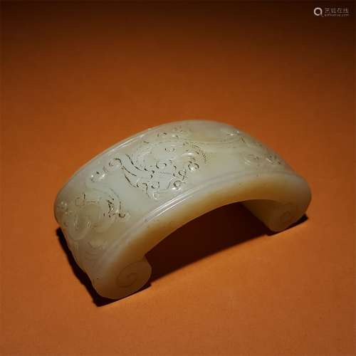 A HETIAN JADE ARM REST WITH DRAGON AND PHOENIX PATTERN