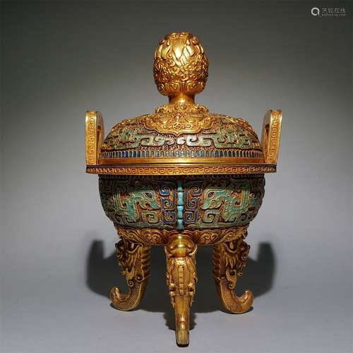 A QING DYNASTY PURE GOLD ENAMEL INCENSE BURNER