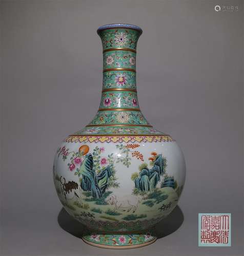 A QING JIAQING DYNASTY FAMILLE ROSE BOTTLE,SANYANG KAITAI