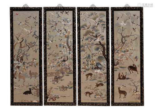 FOUR QING DYNASTY SCREENS OF YUEXIU BIRDS