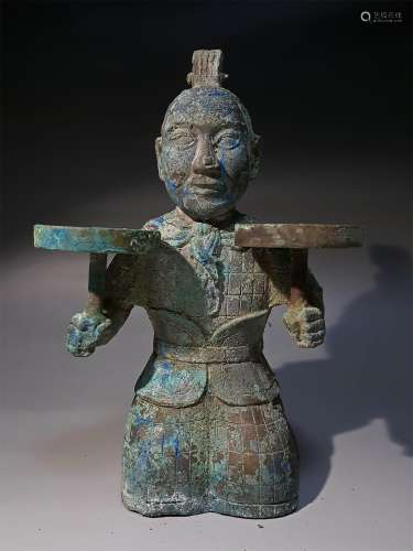 A WARRING STATES PERIOD BRONZE LAMP OF QIN FIGURINE