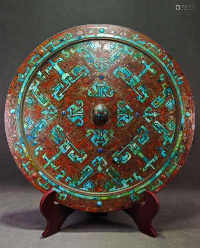 A WARRING STATES PERIOD BRONZE MIRROR INLAID WITH TURQUOISE,GOLD AND SILVER