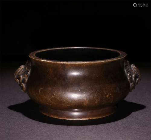 A QING DYNASTY COPPER BODY TWO ANIMAL EARS INCENSE BURNER