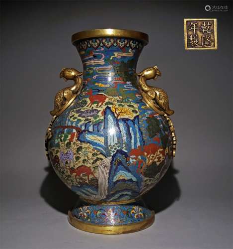 A QING DYNASTY CLOISONNE VASE WITH DOUBLE PHOENIX EARS
