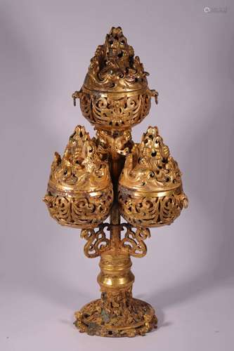 A HAN DYNASTY COPPER GILDING COMBINATION INCENSE BURNER