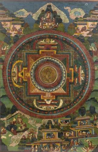 Thangka representing a mandala in ink and colour o…
