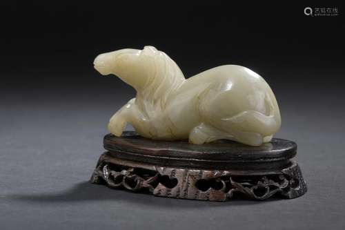 Celadon jade horse China Shown lying down, wooden …