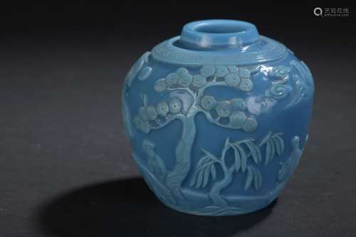 Turquoise glass vase China Globular, with sculpted…