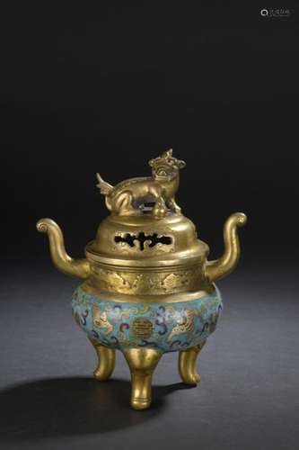 Tripod perfume burner covered in gilt bronze and c…