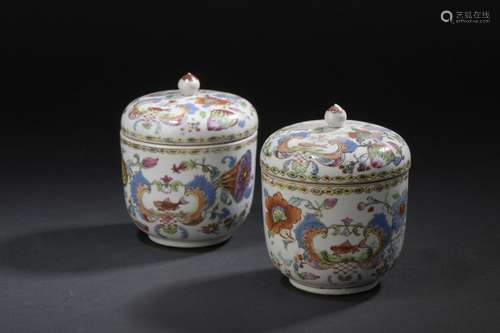 Two pink family porcelain covered pots with \