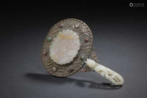 Small mirror in copper, jade and white jade China,…