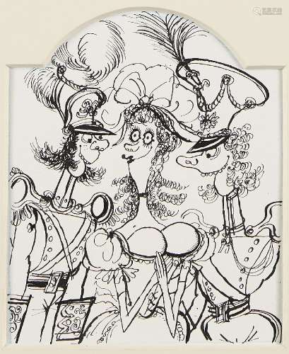 Ronald Searle, British 1920-2011- A maiden with two officers; pen and black ink, outlined in blue