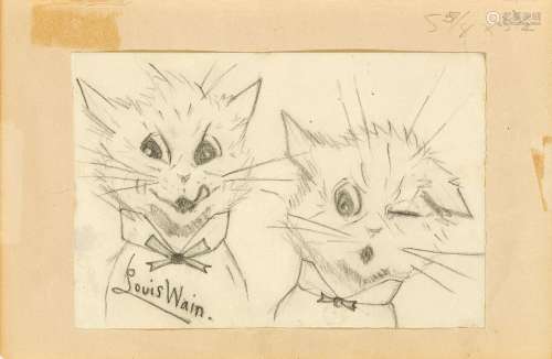 Louis William Wain, British 1860-1939- A pair of cats; pencil, signed, 9.8x14.8cm: together with two