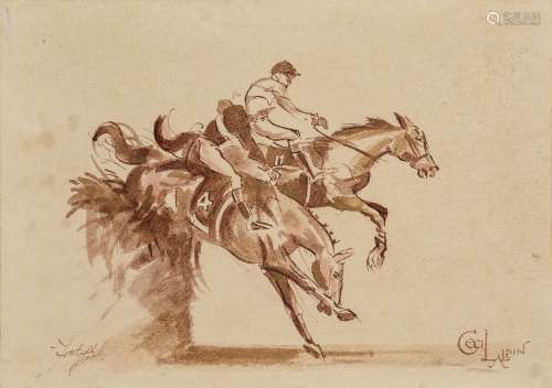 Cecil Charles Windsor Aldin RBA, British 1870-1935- Fontwell Park; pen, brown ink and wash,