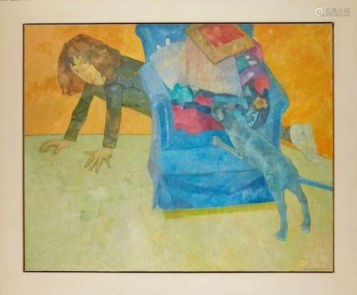 Leonard Rosoman OBE RA, British 1913-2012- Roxane Hiding from the Cat, 1991 from the Games, The Huey