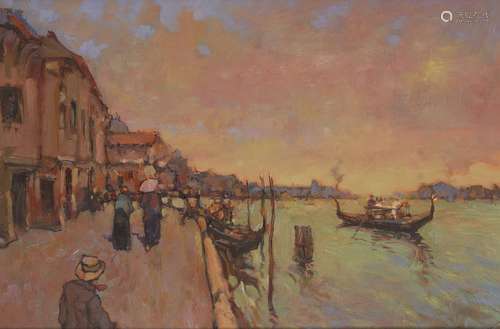 Ken Moroney, British b.1949- Venice canal scene beneath a pink sky; oil on board, signed, 22.5x33.