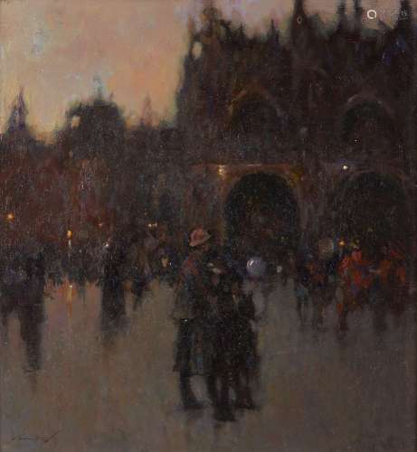 Ken Moroney, British b.1949- Venice Piazza de San Marco at dusk; oil on board, signed, 33x30.5cm, (