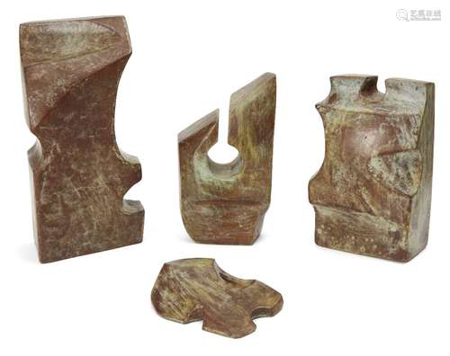 Henry Cliffe, British 1919-1983- Abstract Forms; bronze with green patina, four pieces, signed