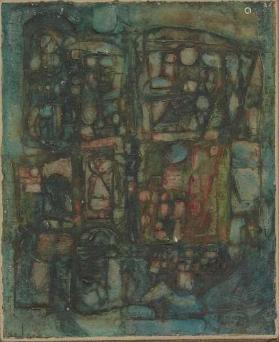John Bailey, British b.1926- Abstract composition in green and red; mixed technique oil on paper